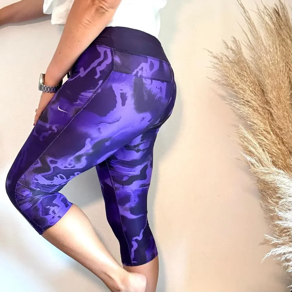NIKE Running Purple Black Dri Fit Power Crop Tights $78 Leggings Capri Pocket S